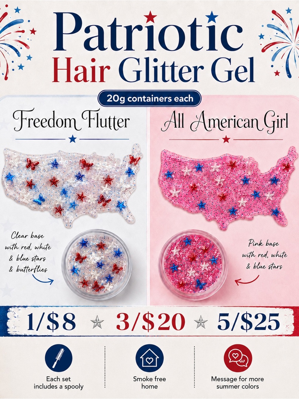 Patriotic Hair Glitter Gel Duo - Red White Blue Stars